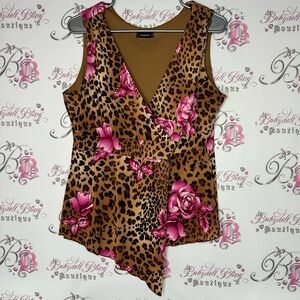 Cocomo tank top cheetah print floral flowers brown black pink fairy top hem